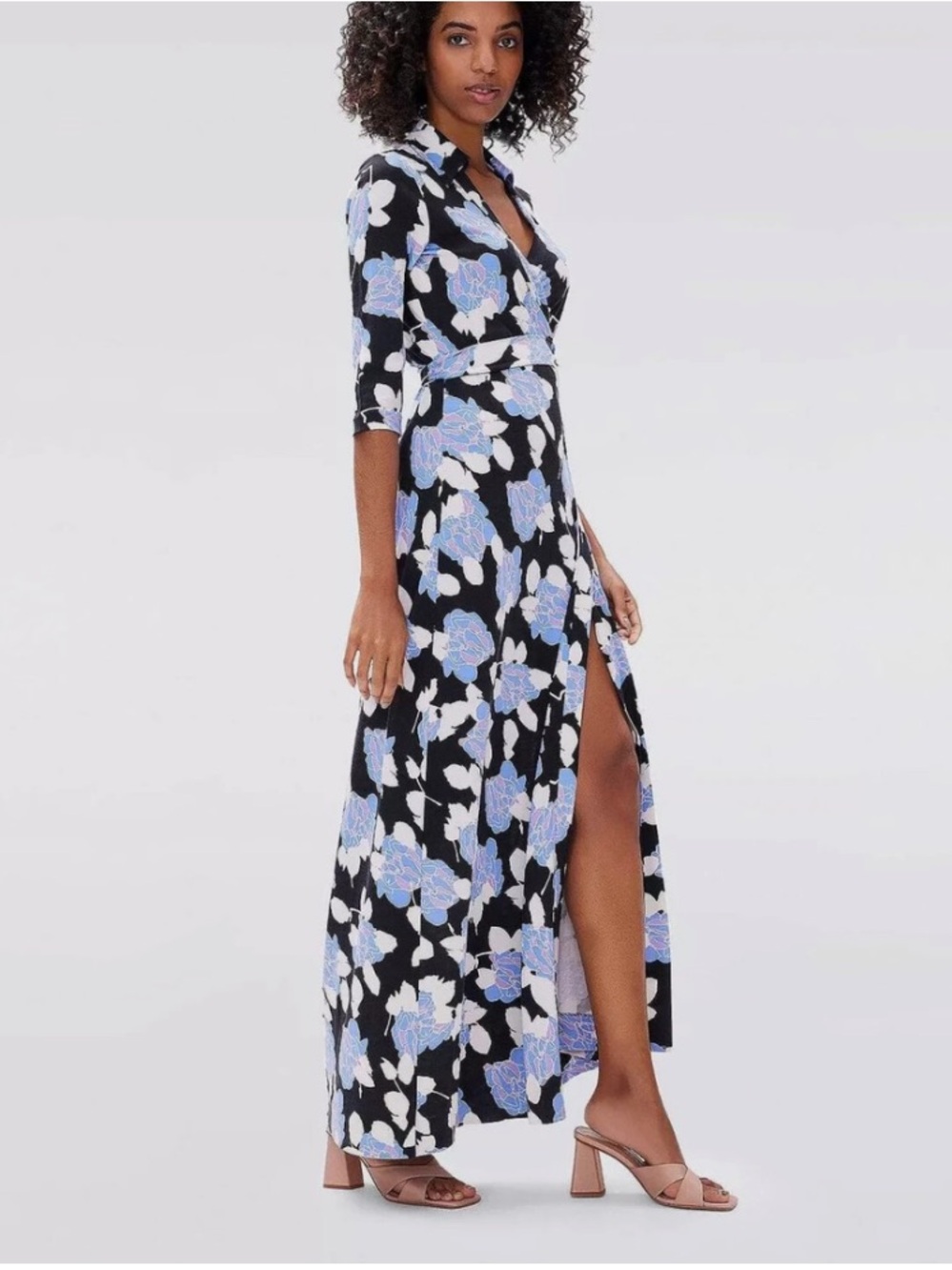 Diane Von Furstenberg DVF Floral Silk Wrap Maxi Dress Sky Blue, 0